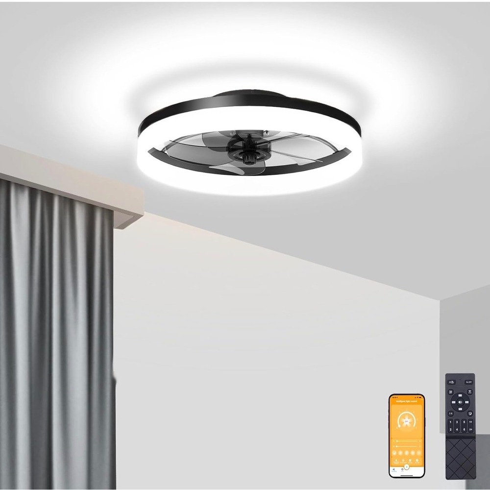 VOLISUN 20in Low Profile Ceiling Fan with Light Remote Black Flush Mount LED